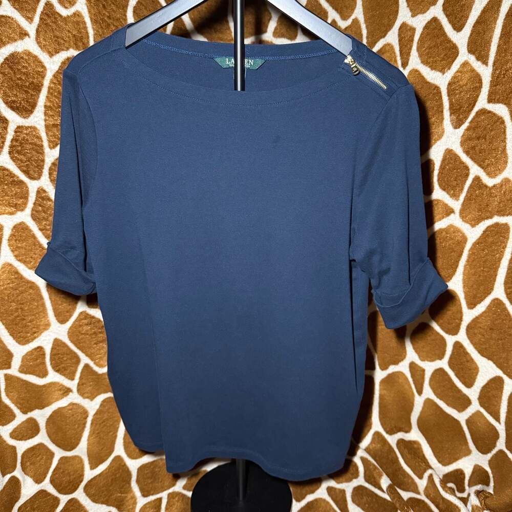 Lauren Ralph Lauren Navy Blue Boatneck Top with Gold Shoulder Zipper